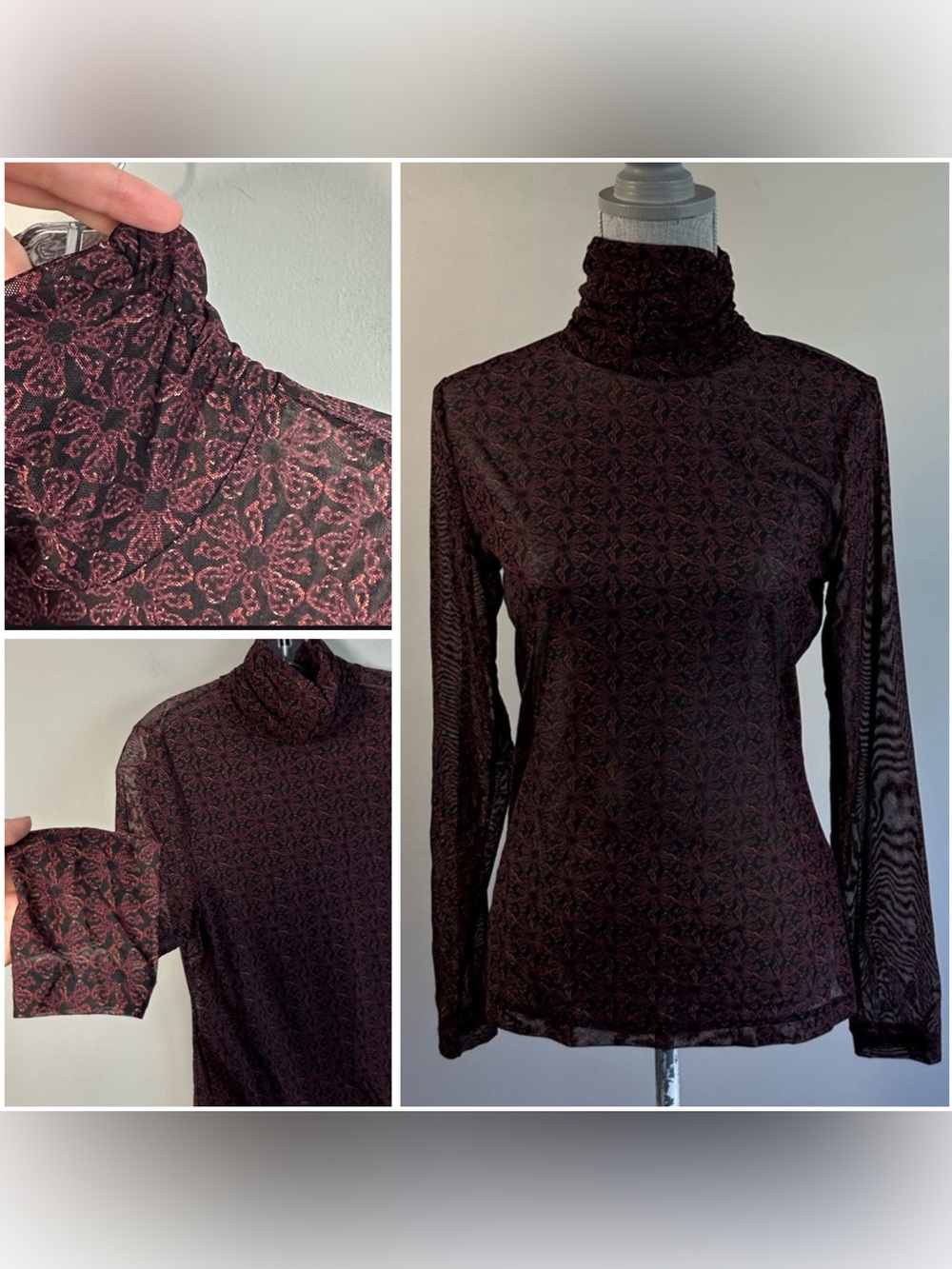 WHBM Womens Sheer Black Burgundy Floral Print Turtleneck Top Dark Romantic S